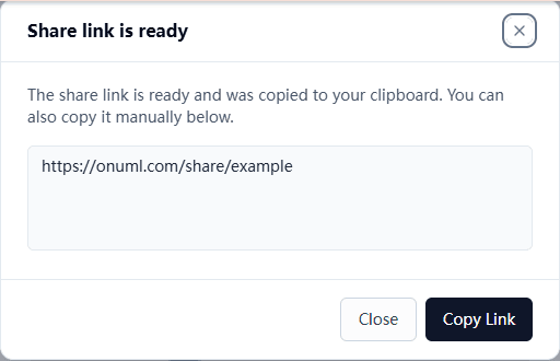 OnUML Share link is ready dialog with Close and Copy Link actions
